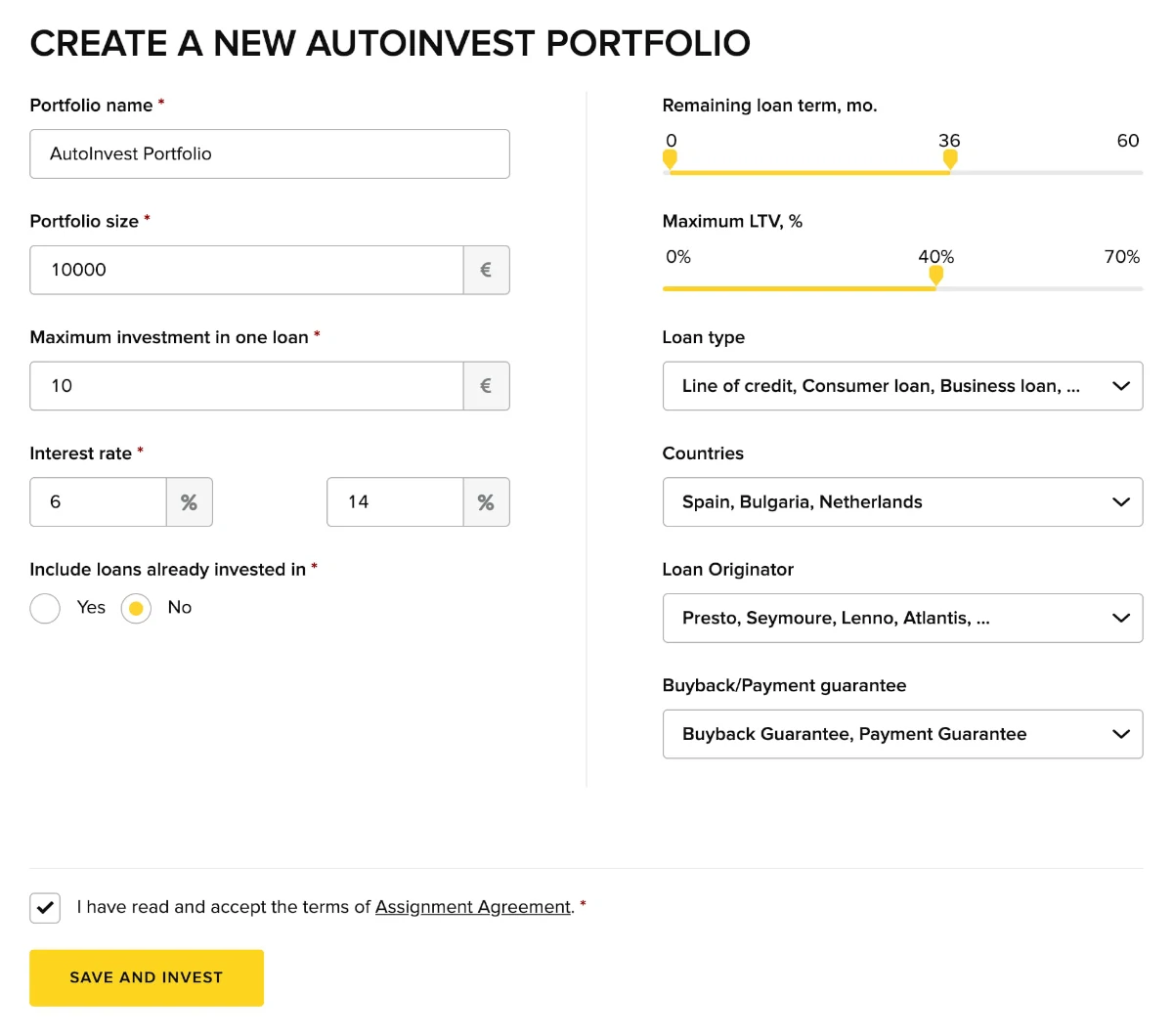 Create a new autoinvest portfolio on Viventor
